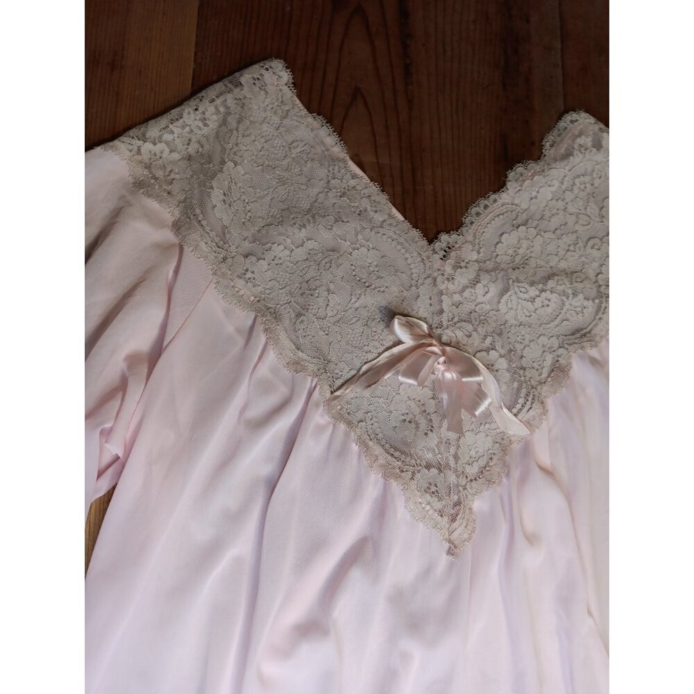 Vtg Sears Womens M 42-44 Pink Sheer Long Nightgown Nylon Lace Front 3/4 Sleeve - Picture 3 of 7